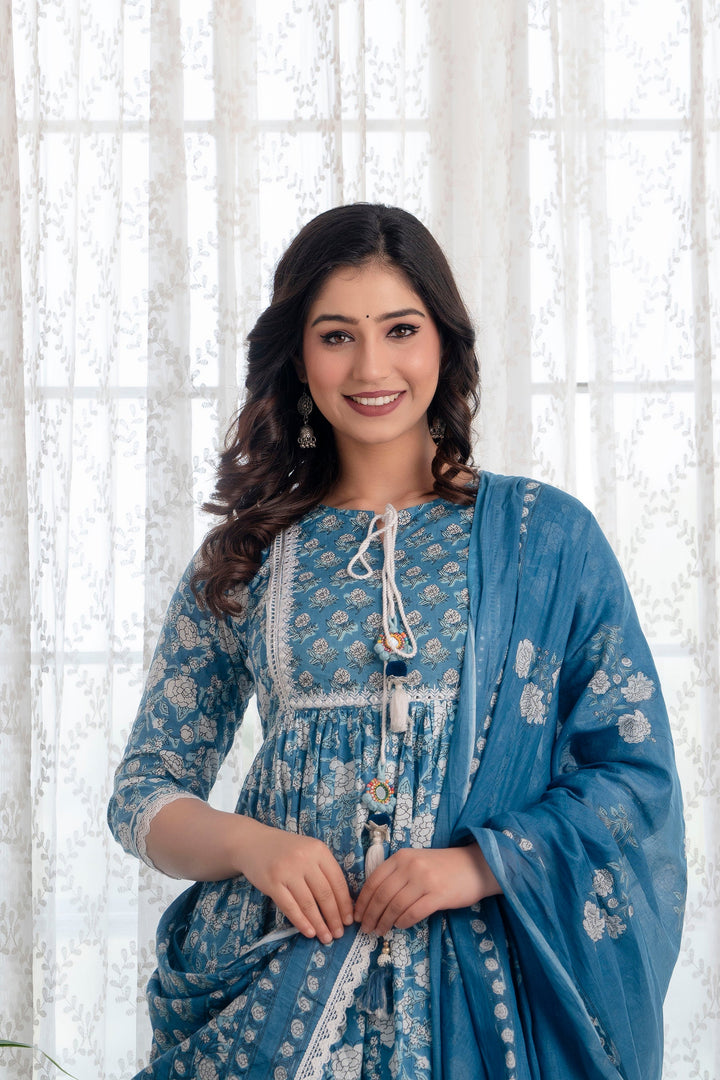 Blue-Cotton-Printed-Anarkali-Shape-3-Piece-Kurta-Set