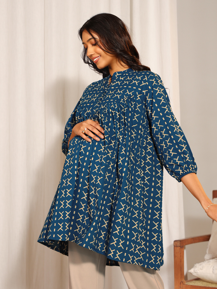 Blue-Cotton-Printed-Band-Collar-Tunic