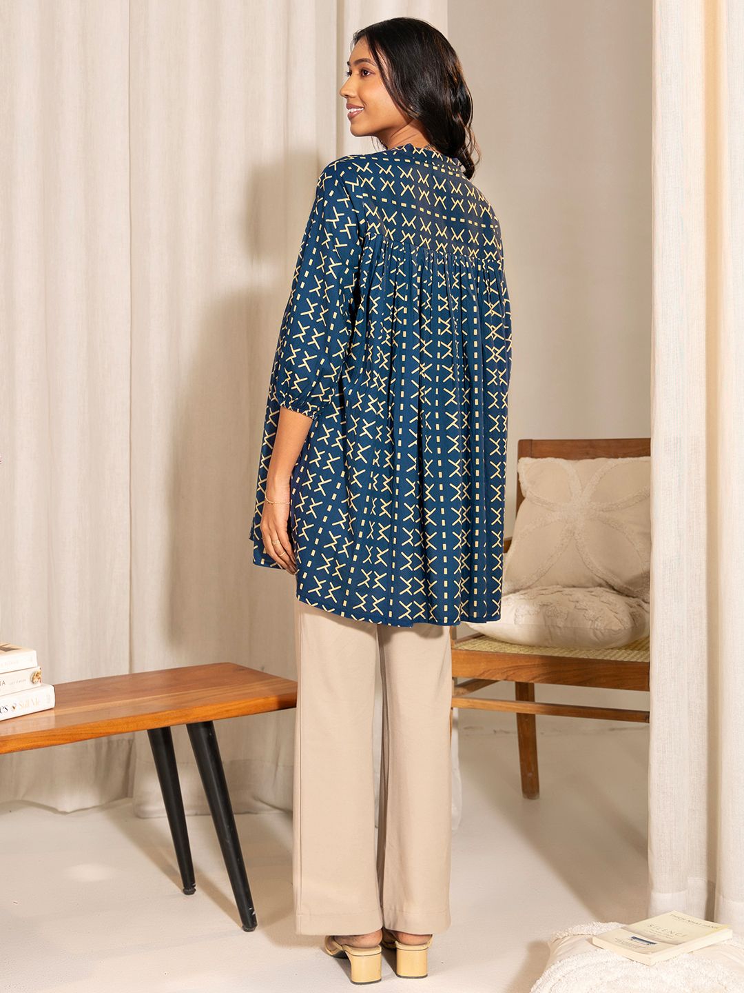 Blue-Cotton-Printed-Band-Collar-Tunic