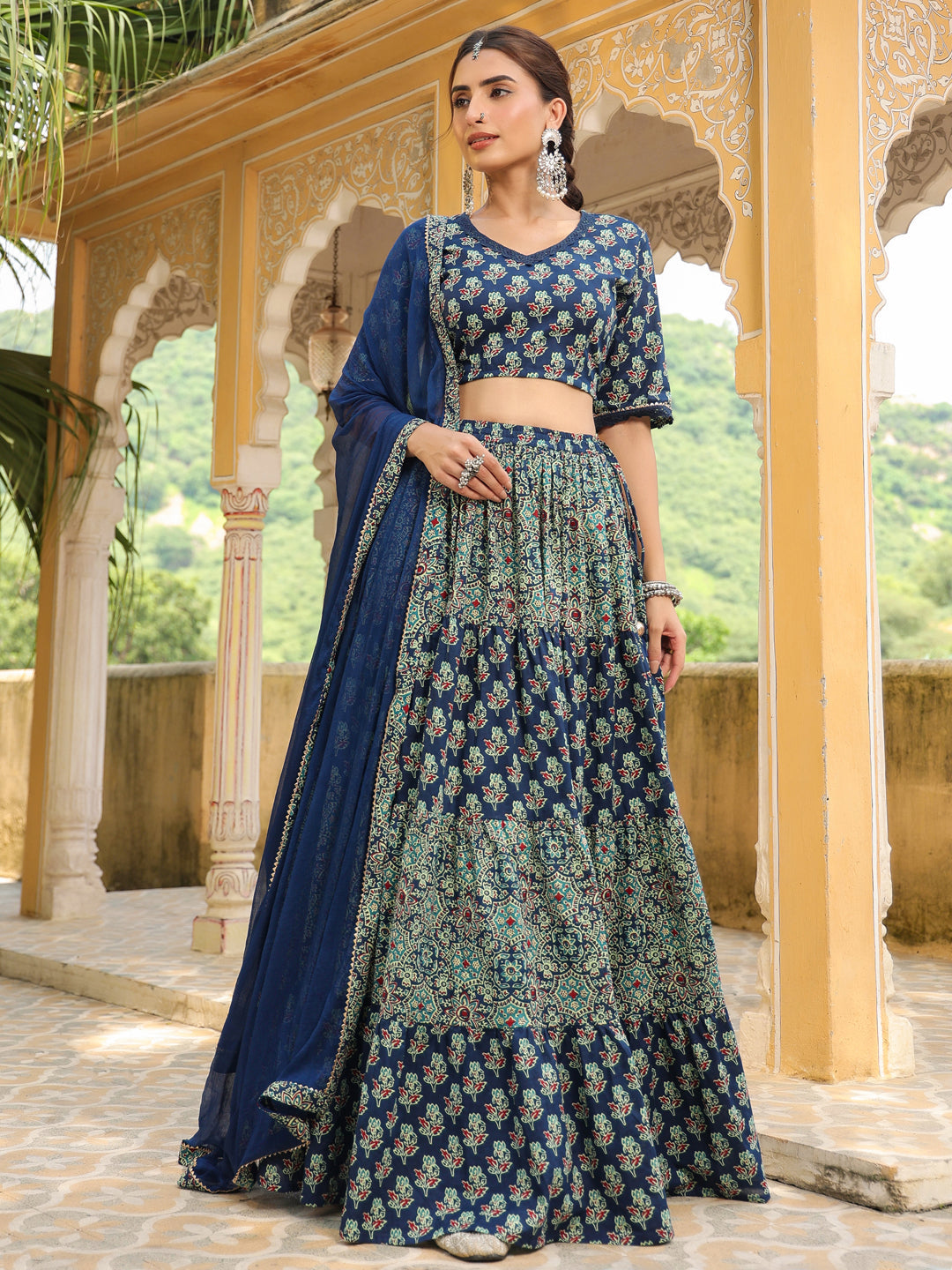 ZERESOUQ-Blue-Cotton-Printed-Short-Sleeves-Lehenga-Set