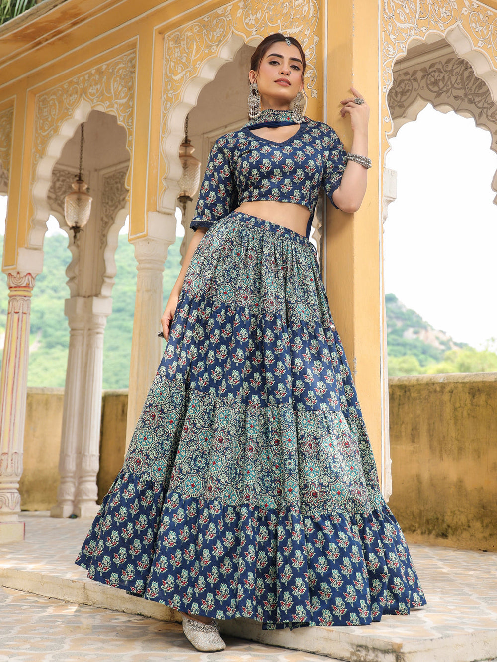 ZERESOUQ-Blue-Cotton-Printed-Short-Sleeves-Lehenga-Set