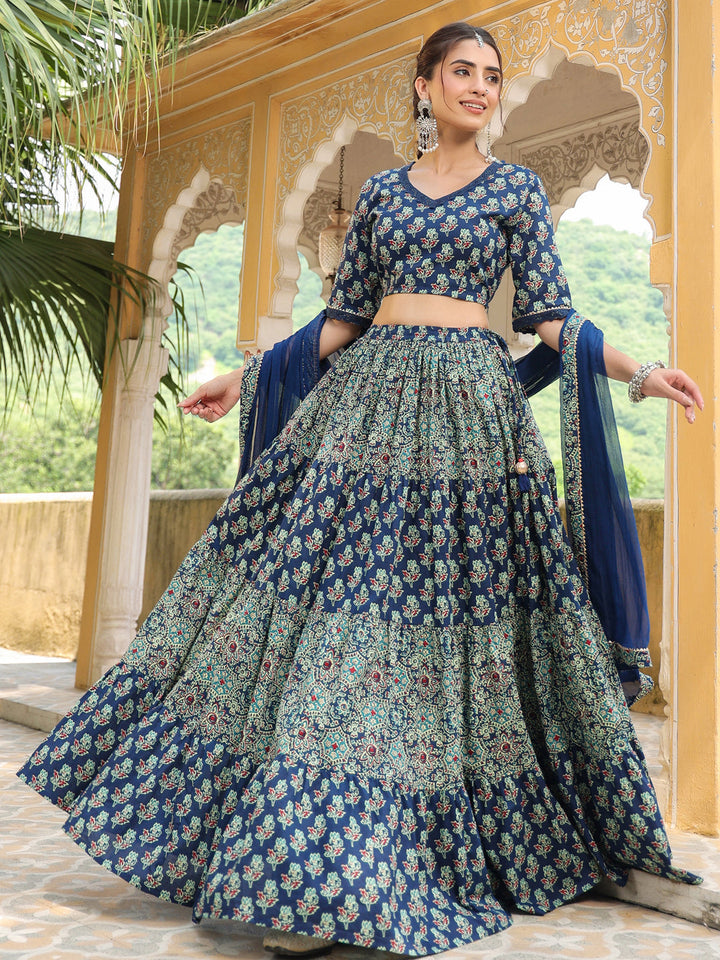 Blue-Cotton-Printed-Short-Sleeves-Lehenga-Set