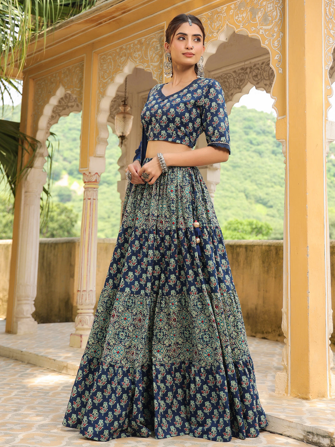 Blue-Cotton-Printed-Short-Sleeves-Lehenga-Set