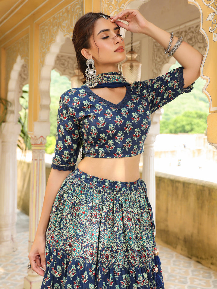 Blue-Cotton-Printed-Short-Sleeves-Lehenga-Set