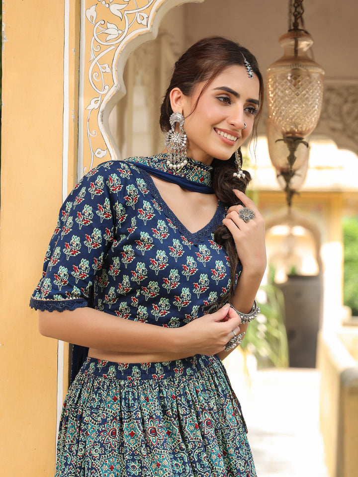 Blue-Cotton-Printed-Short-Sleeves-Lehenga-Set