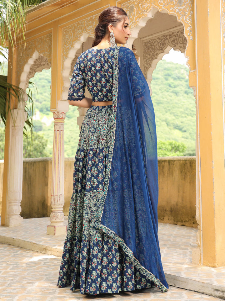 Blue-Cotton-Printed-Short-Sleeves-Lehenga-Set