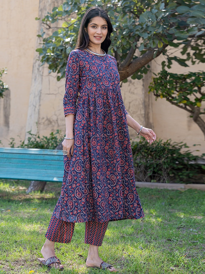 Blue-Cotton-Printed-Gathered-Front-Slit-2-Piece-Kurta-Set