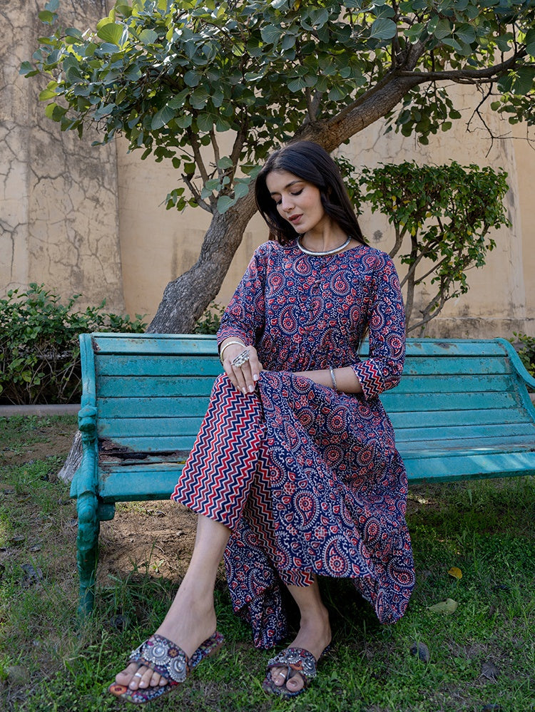 Blue-Cotton-Printed-Gathered-Front-Slit-2-Piece-Kurta-Set