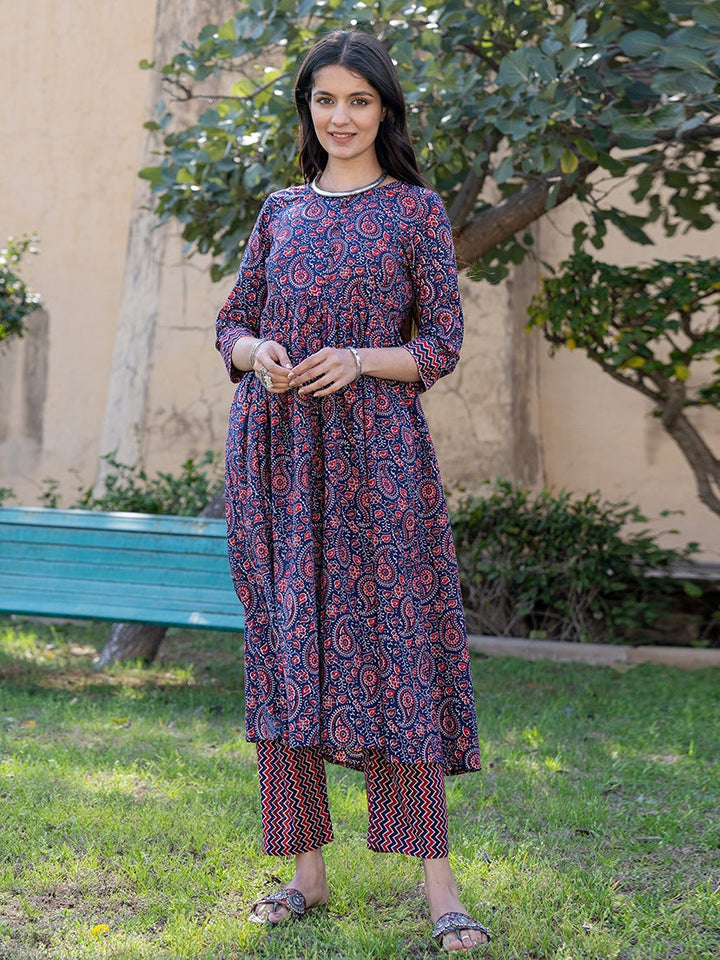 Blue-Cotton-Printed-Gathered-Front-Slit-2-Piece-Kurta-Set