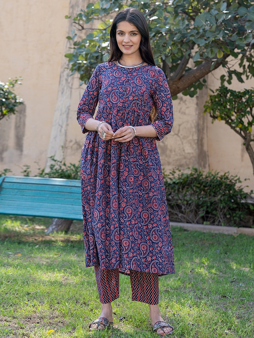 Blue-Cotton-Printed-Gathered-Front-Slit-2-Piece-Kurta-Set