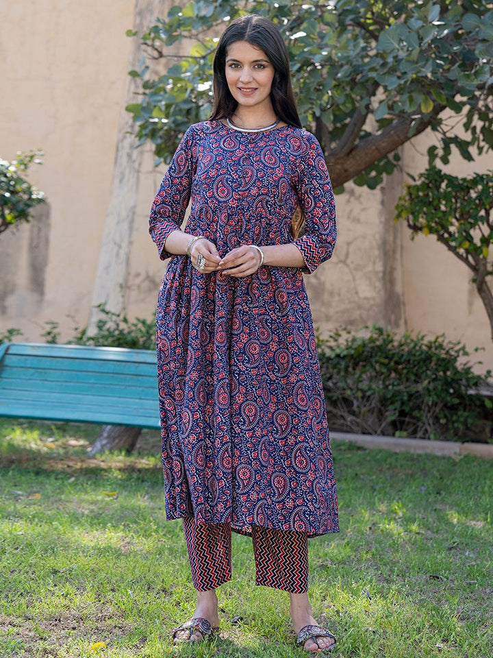 Blue-Cotton-Printed-Gathered-Front-Slit-2-Piece-Kurta-Set