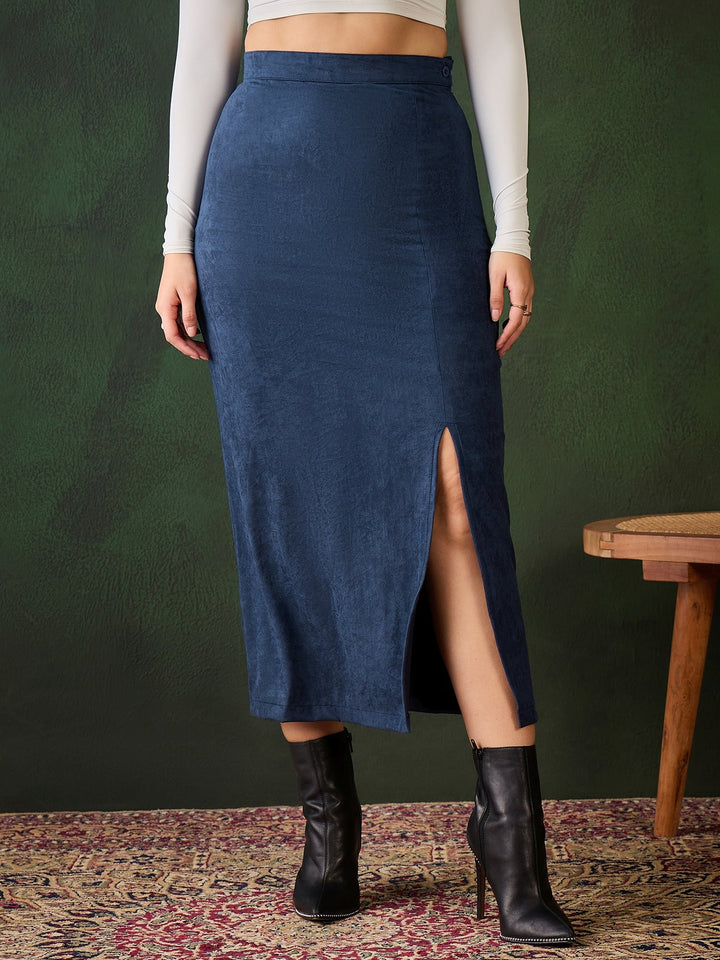 Blue-Cotton-Suede-Lycra-Skirt-With-Side-Slit