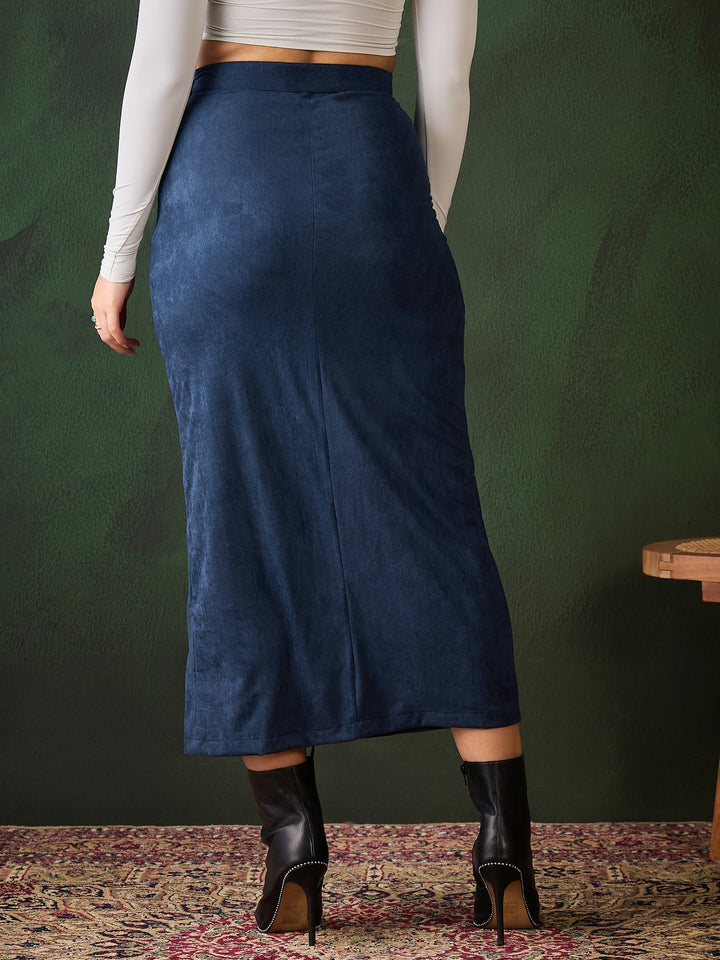 Blue-Cotton-Suede-Lycra-Skirt-With-Side-Slit