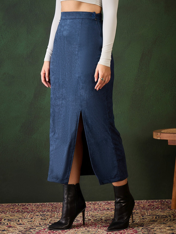 Blue-Cotton-Suede-Lycra-Skirt-With-Side-Slit