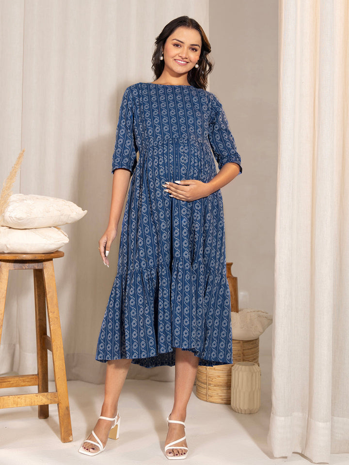 Blue-Cotton-Tiered-Maternity-Dress