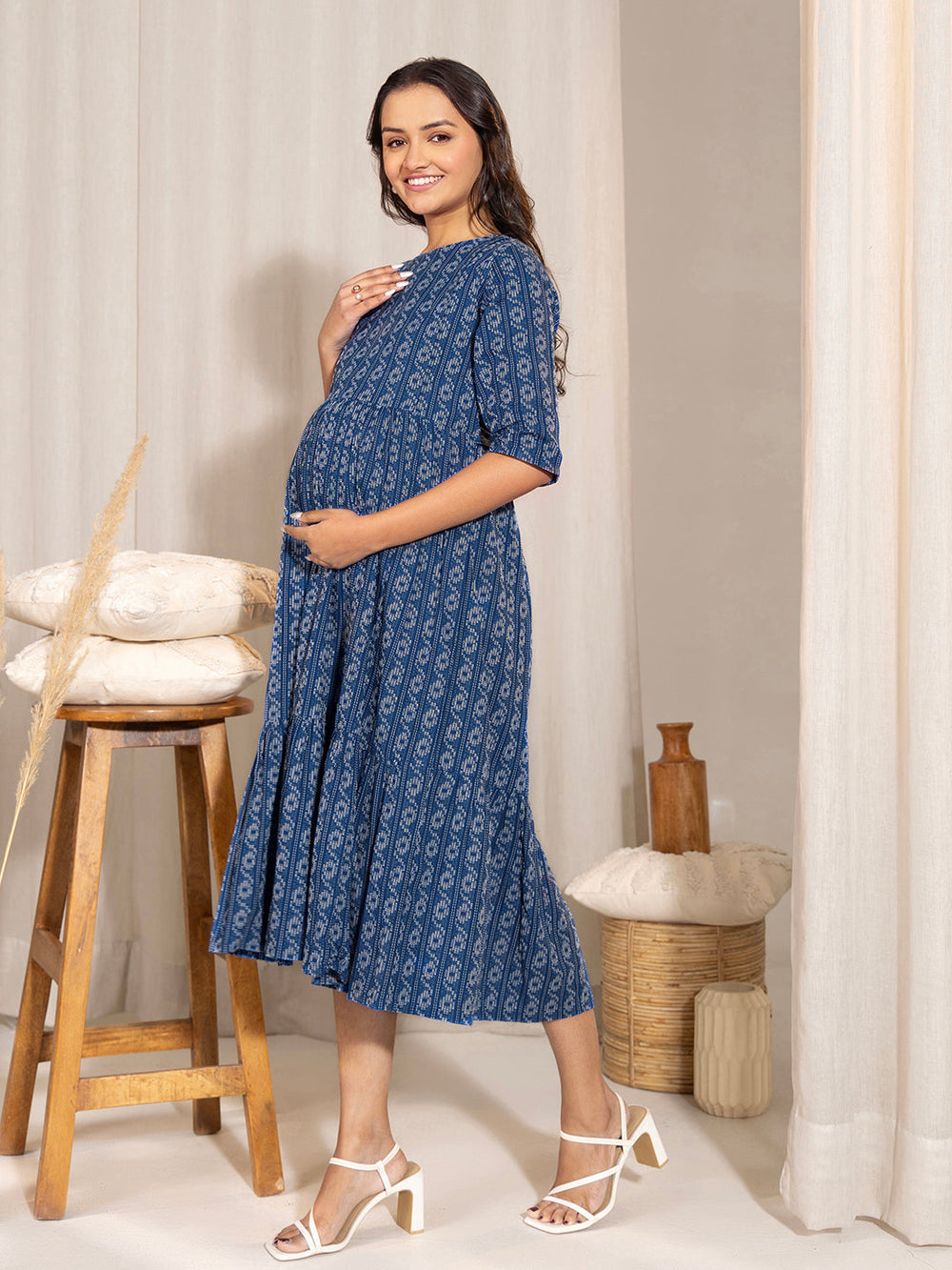 Blue-Cotton-Tiered-Maternity-Dress