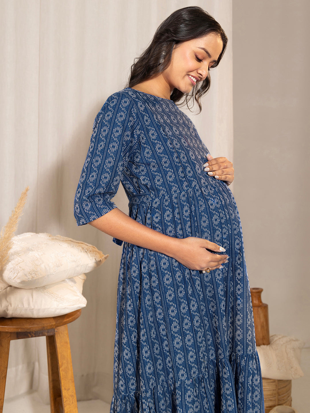 Blue-Cotton-Tiered-Maternity-Dress