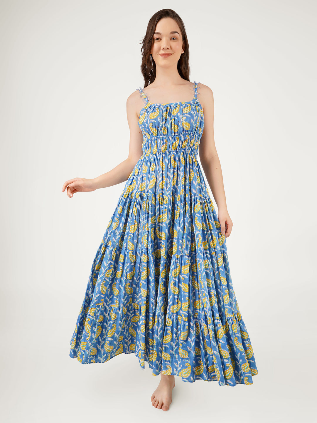 Blue-Cotton-Waist-Detailed-Strappy-Maxi-Dress