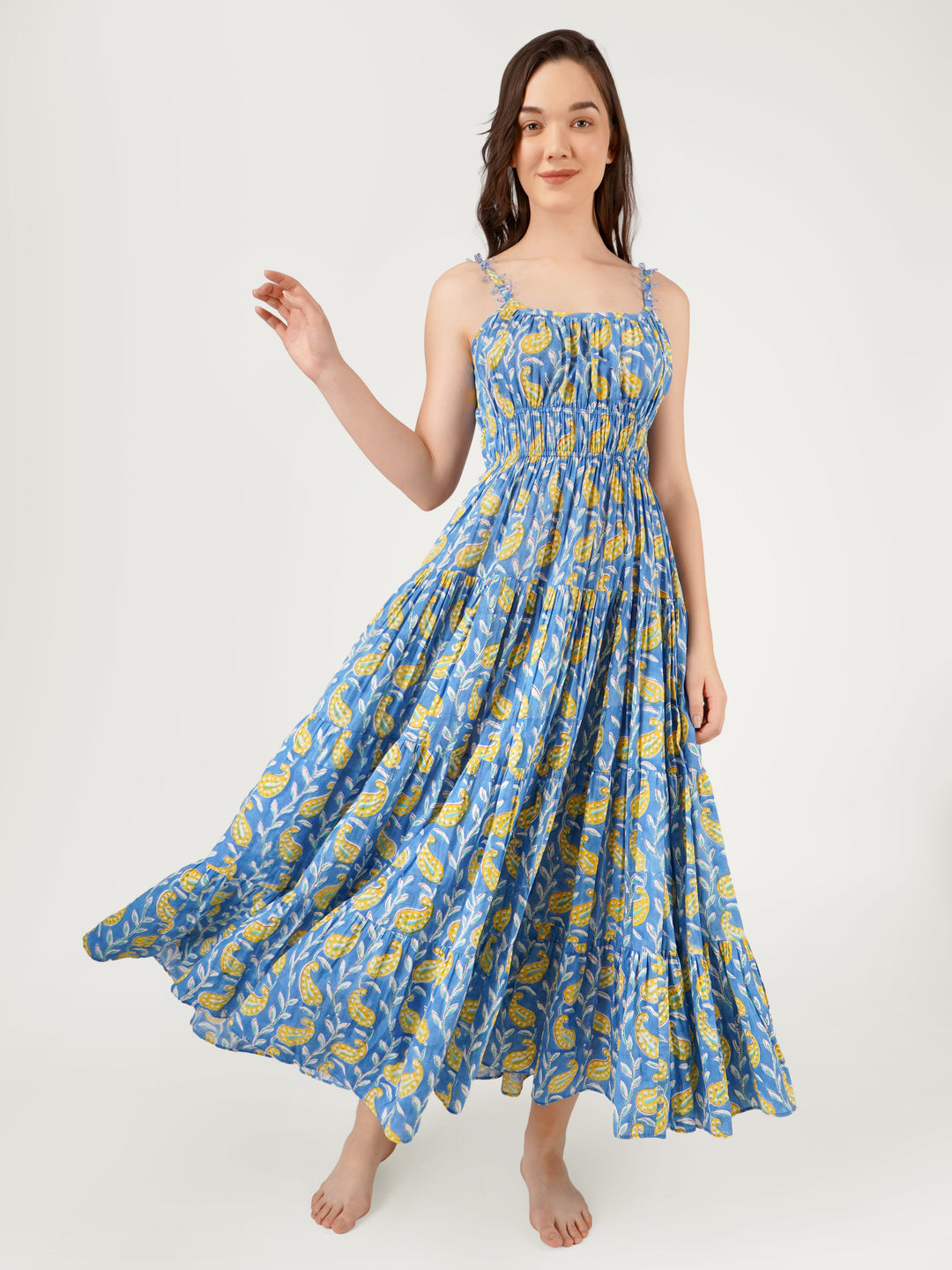 Blue-Cotton-Waist-Detailed-Strappy-Maxi-Dress