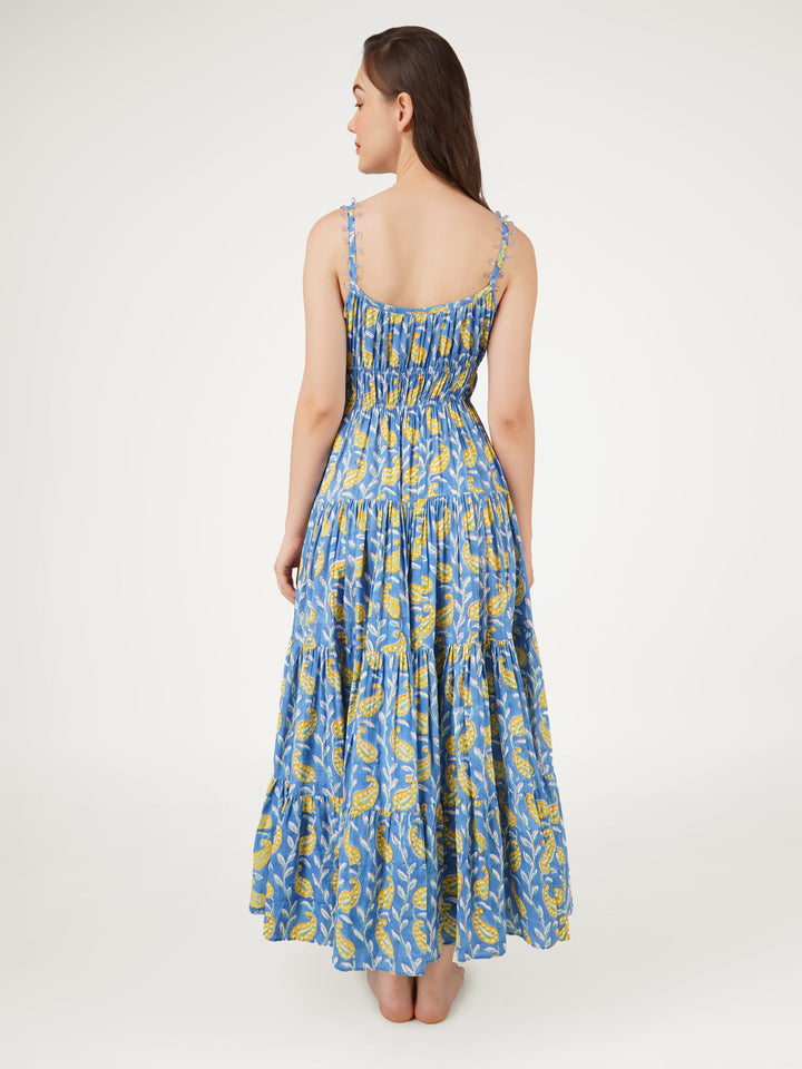 Blue-Cotton-Waist-Detailed-Strappy-Maxi-Dress