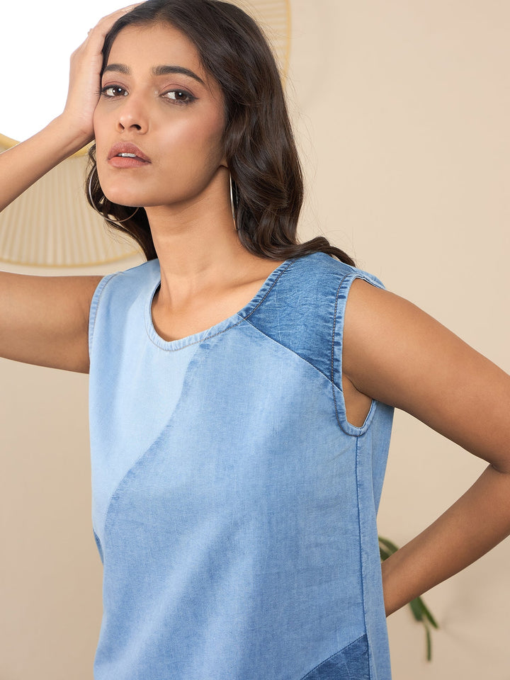 Blue-Denim-Dress-With-Patchwork-Detail