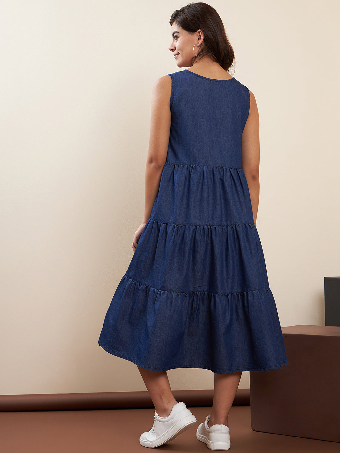 Blue-Denim-Lose-Fit-Tiered-Solid-Dress