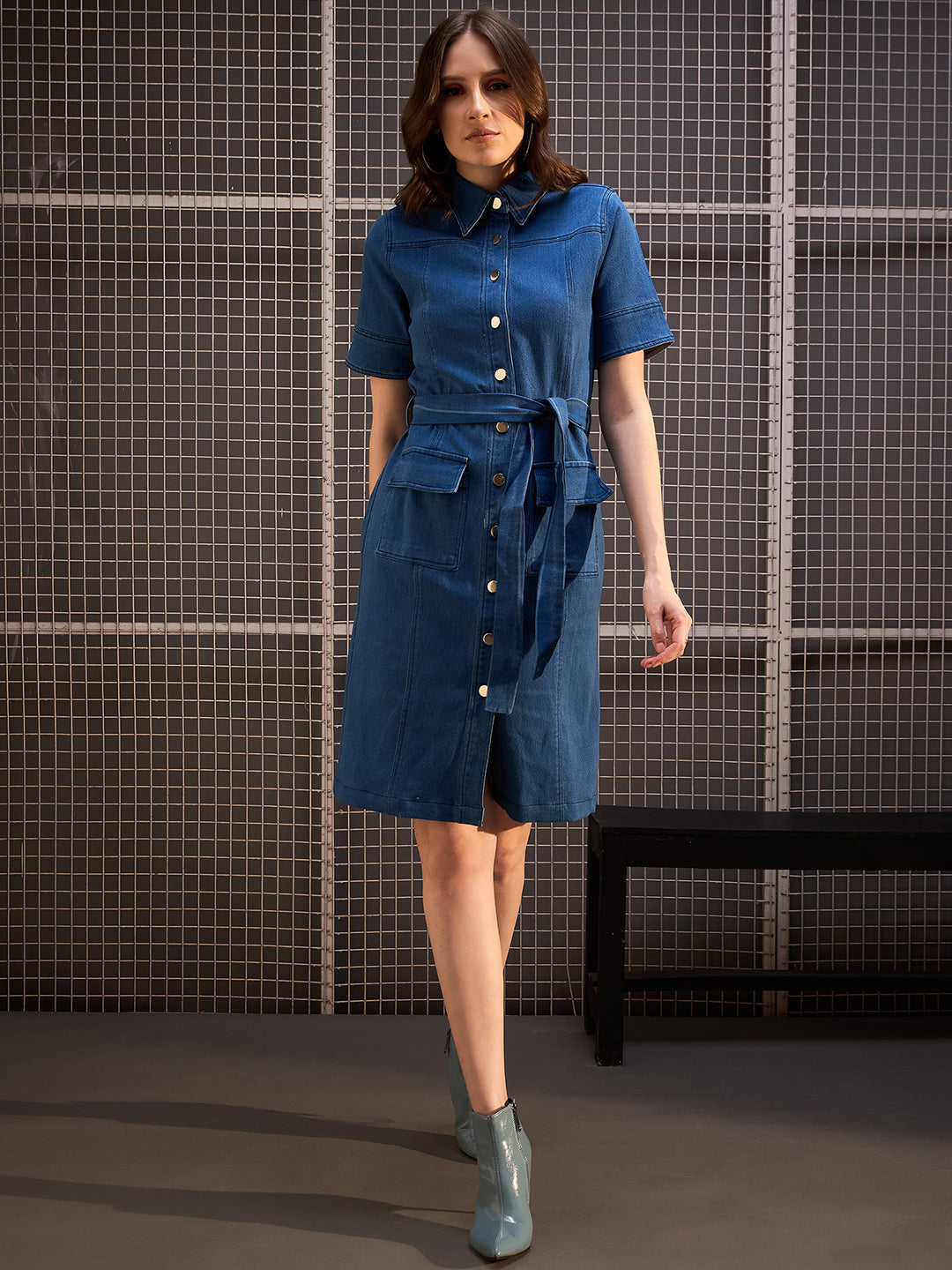 Blue-Denim-Lycra-Dress-With-Front-Buttons