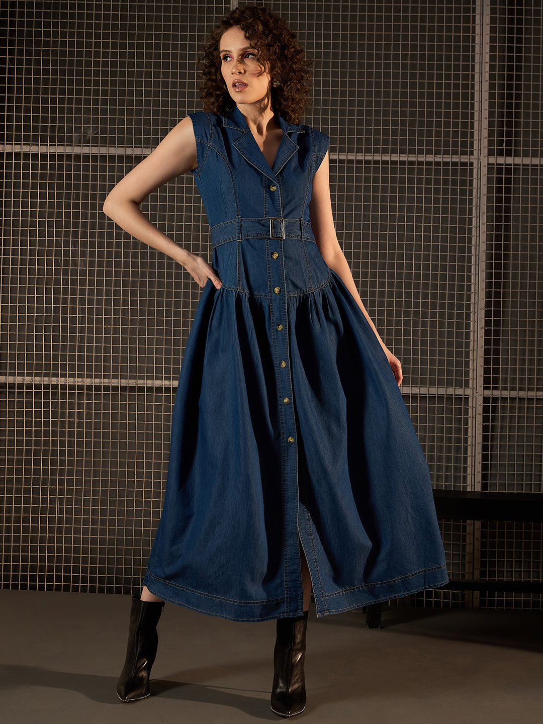 Blue-Denim-Lycra-Maxi-Dress-With-Lapel-And-Belt