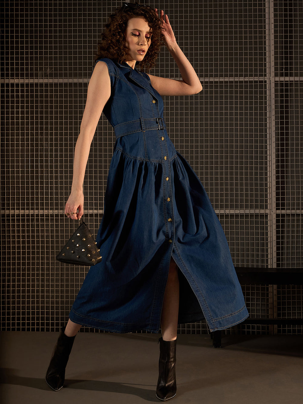 Blue-Denim-Lycra-Maxi-Dress-With-Lapel-And-Belt