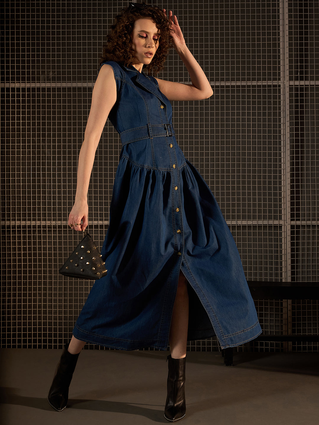 Blue-Denim-Lycra-Maxi-Dress-With-Lapel-And-Belt