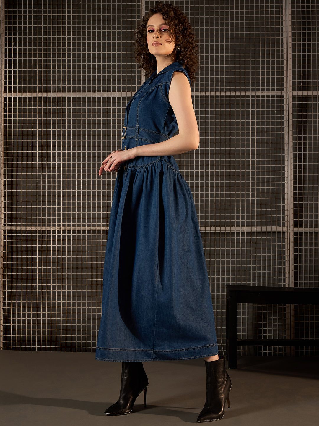 Blue-Denim-Lycra-Maxi-Dress-With-Lapel-And-Belt