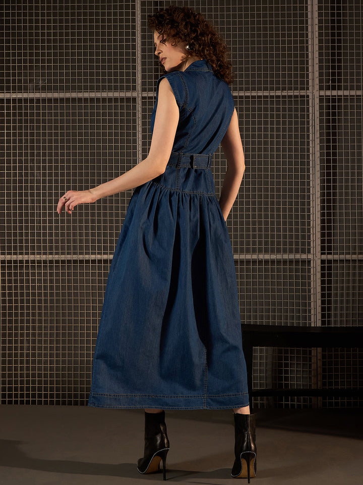 Blue-Denim-Lycra-Maxi-Dress-With-Lapel-And-Belt