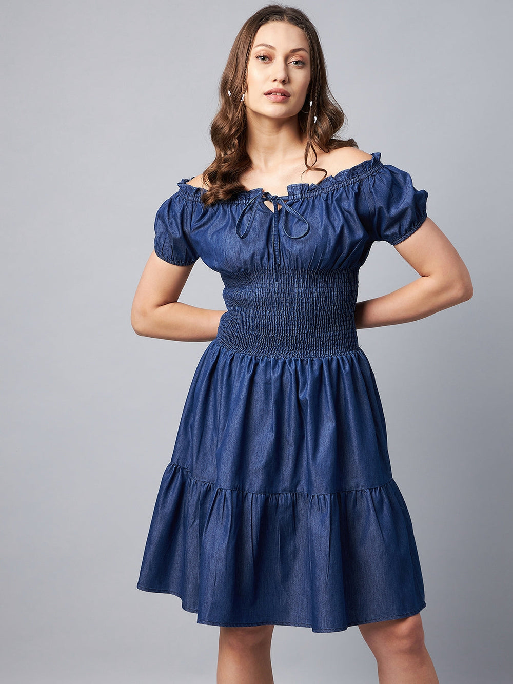 Blue-Denim-Peasant-Style-Smocked-Waist-Dress