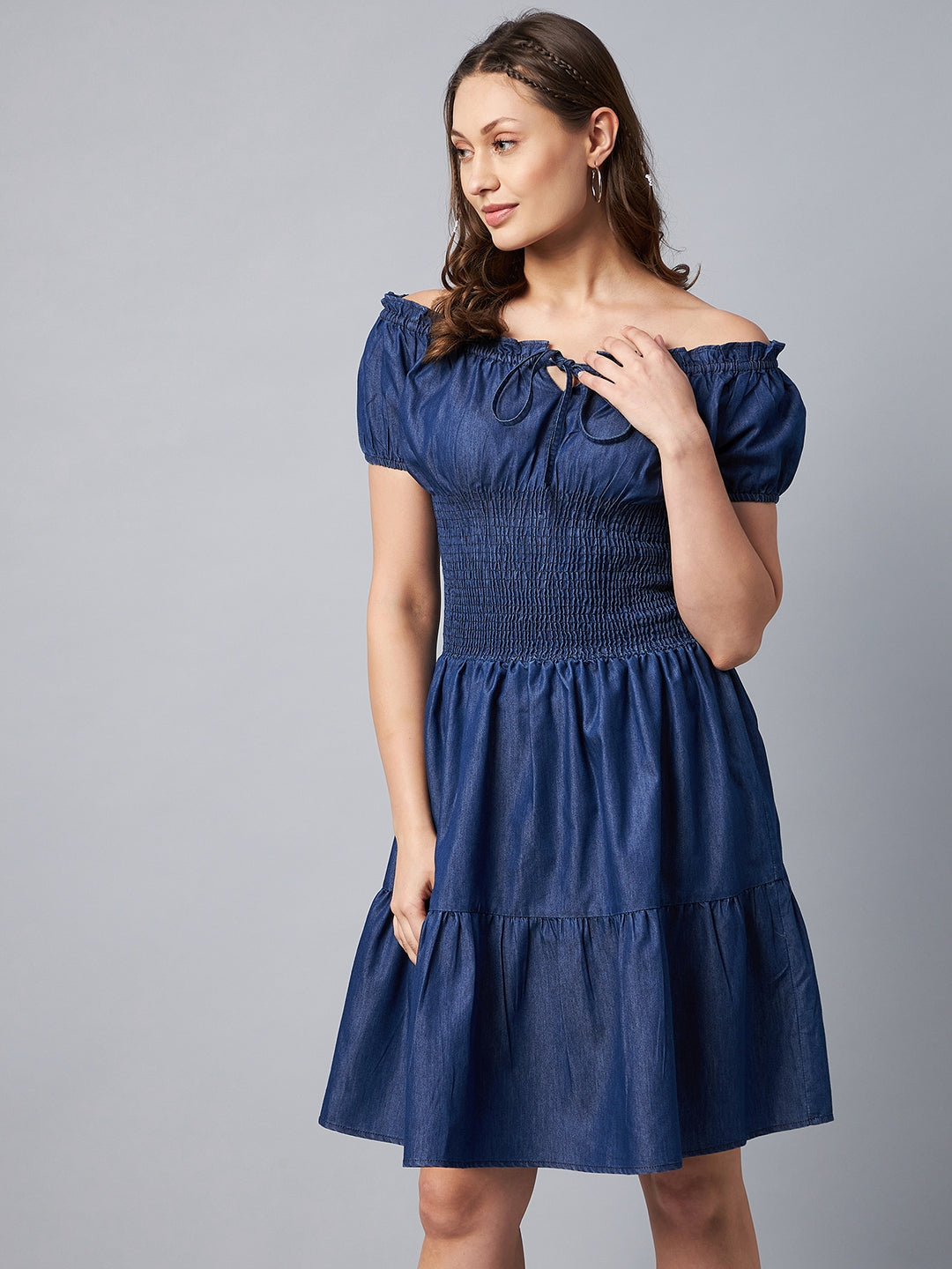 Blue-Denim-Peasant-Style-Smocked-Waist-Dress