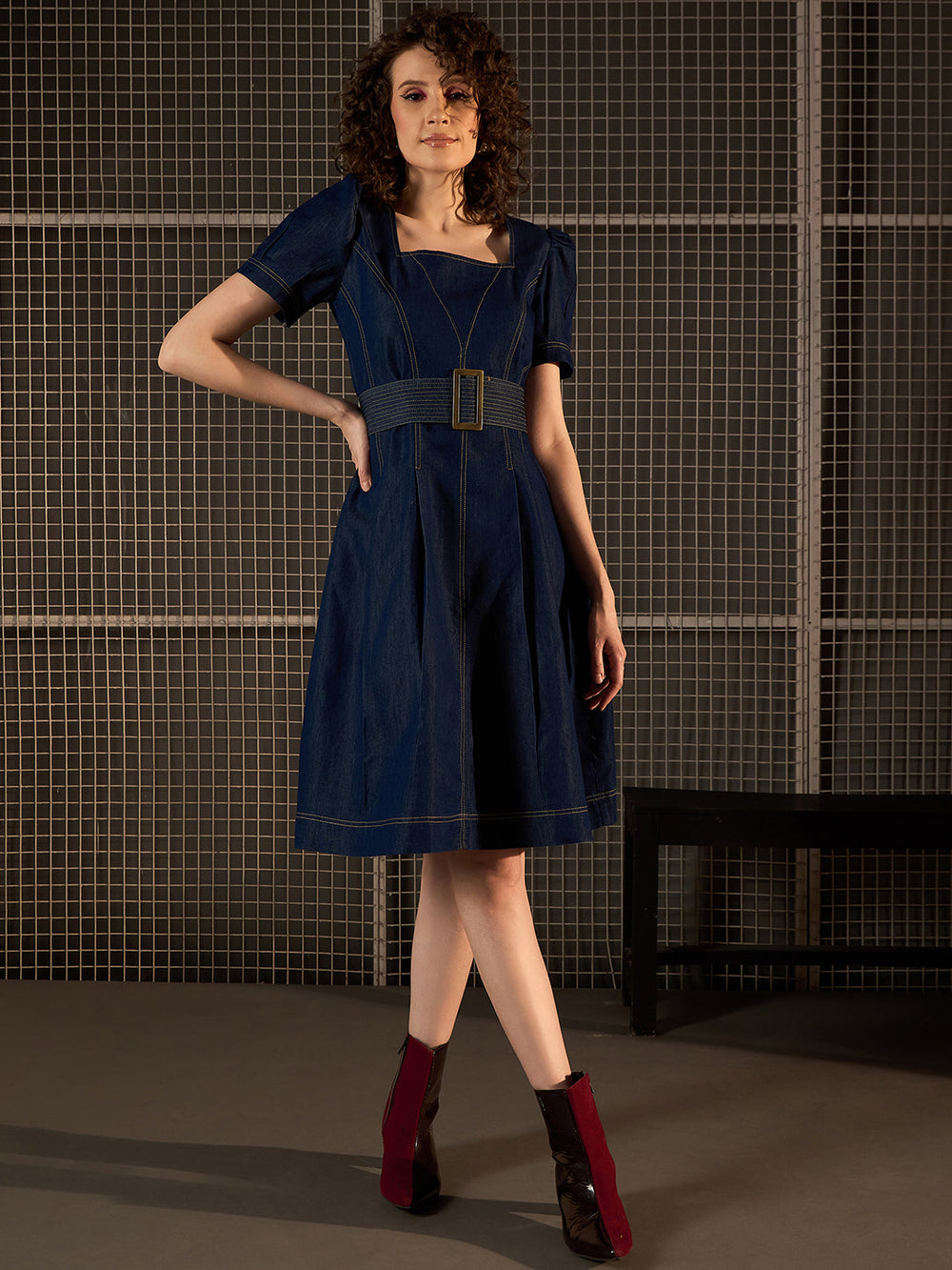 Blue-Denim-Satin-&-Polyester-Lycra-Flared-Dress