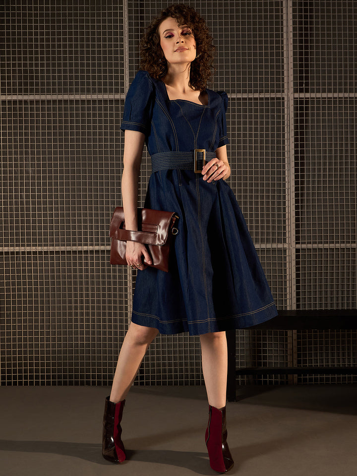 Blue-Denim-Satin-&-Polyester-Lycra-Flared-Dress