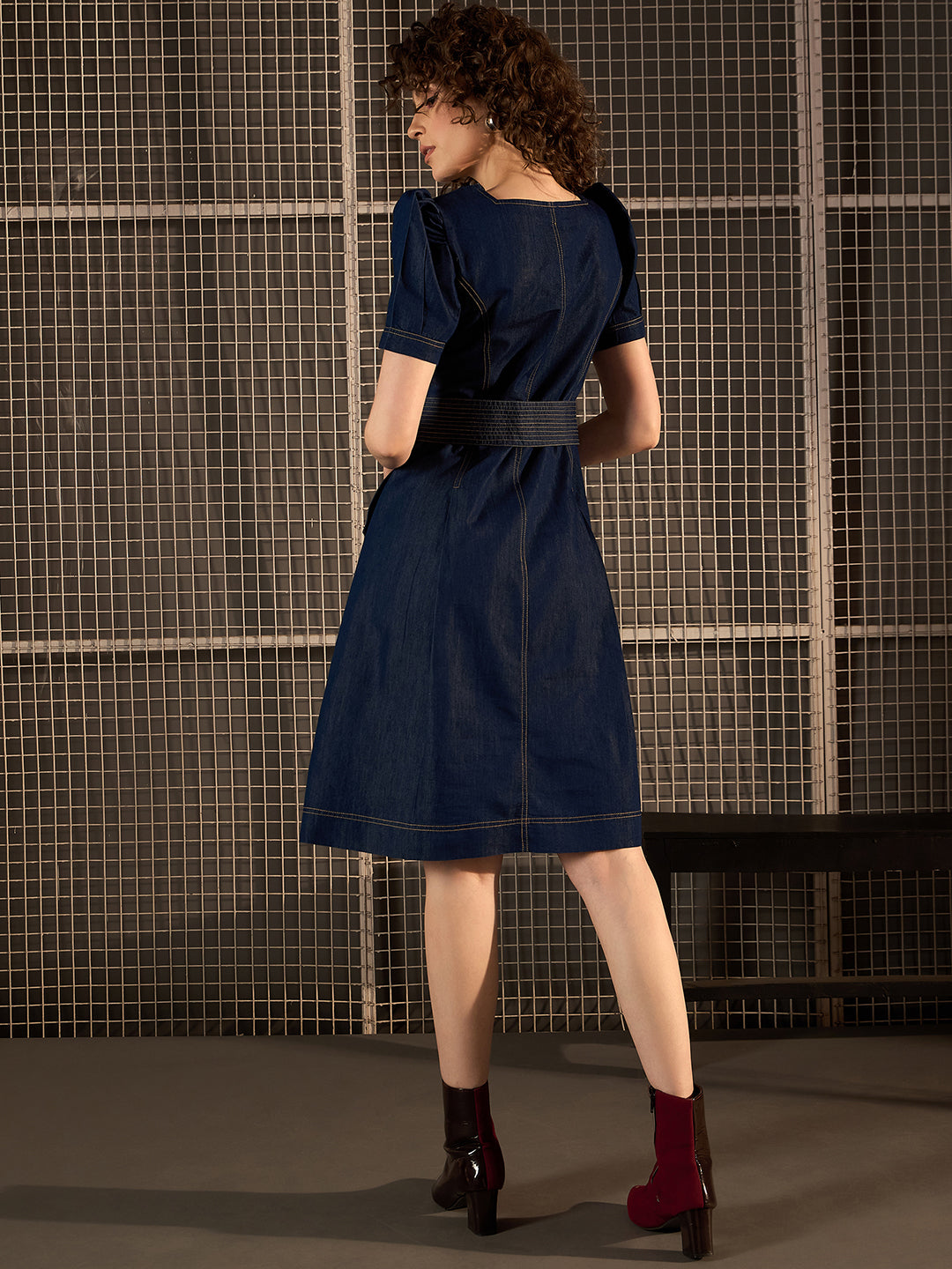 Blue-Denim-Satin-&-Polyester-Lycra-Flared-Dress