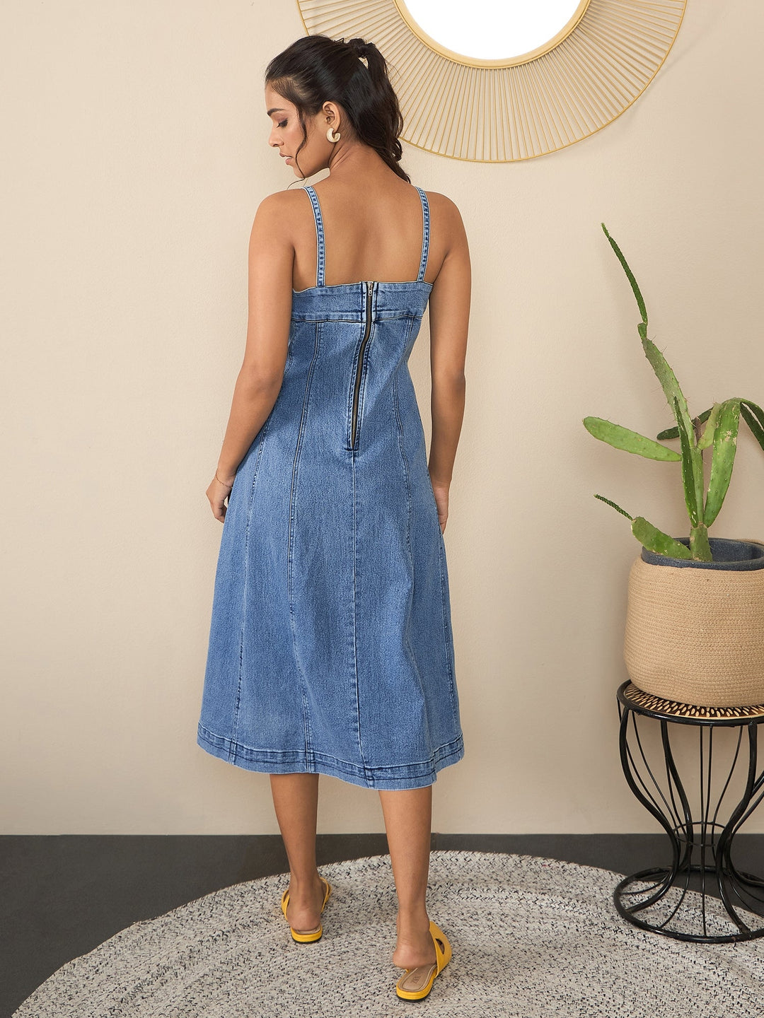 Blue-Denim-Shoulder-Straps-Midi-Dress