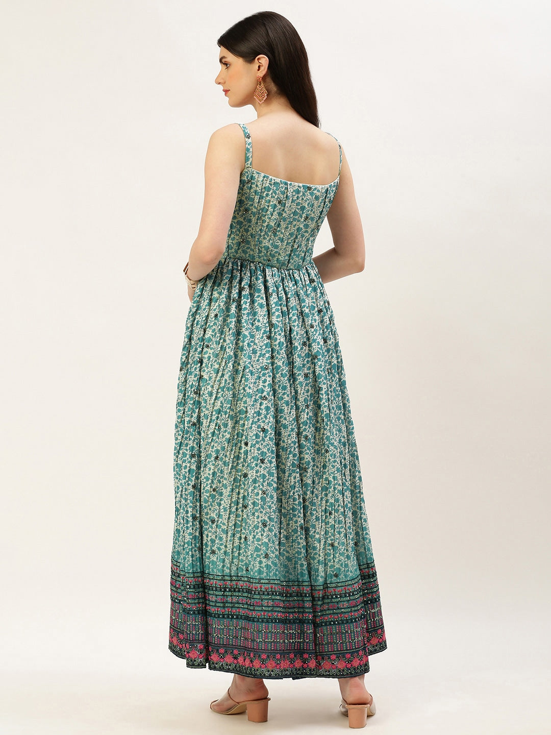 Blue Digital Print & Bodice Embroidered Sleeveless Dress