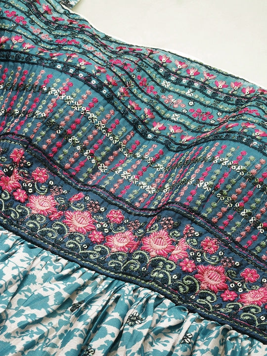 Blue Digital Print & Bodice Embroidered Sleeveless Dress
