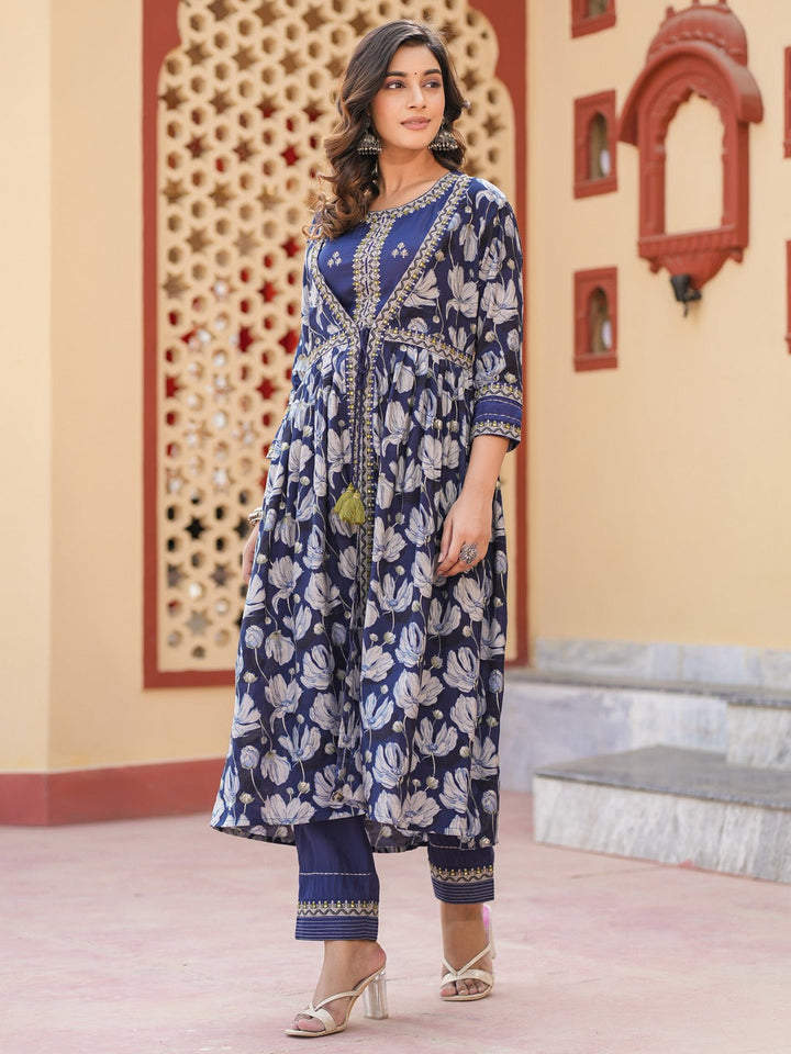 Blue-Chanderi-Silk-Embroidered-Shrug-Crop-Top-Co-Ord-Set