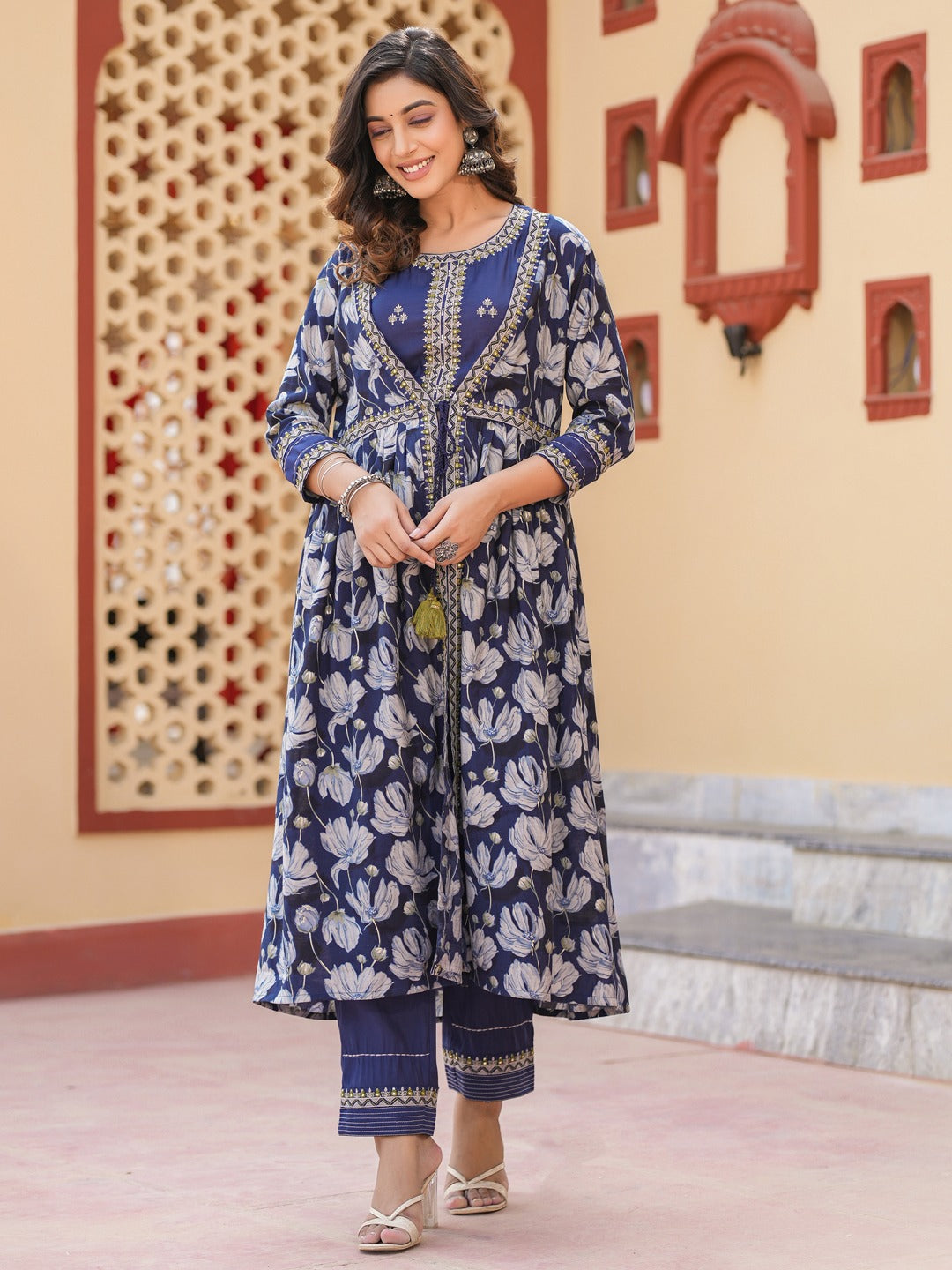 Blue-Chanderi-Silk-Embroidered-Shrug-Crop-Top-Co-Ord-Set