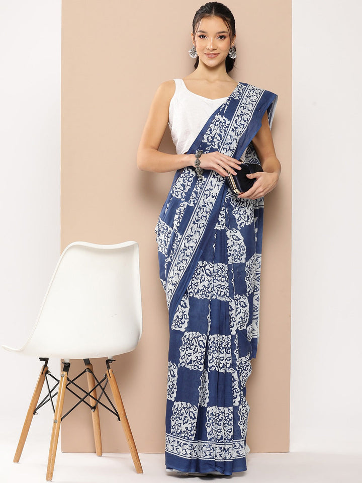 Blue-Mulmul-Cotton-Ethnic-Motifs-Sarees-With-Unstitched-Blouse