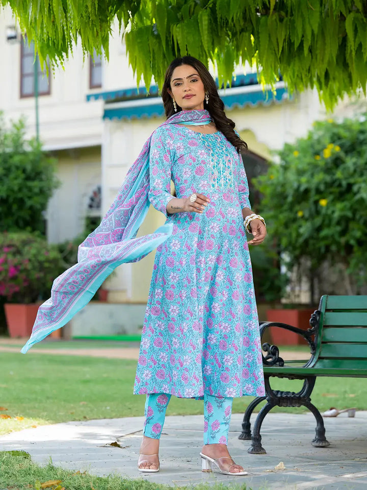 Blue-Cotton-Floral-Print-Anarkali-Set