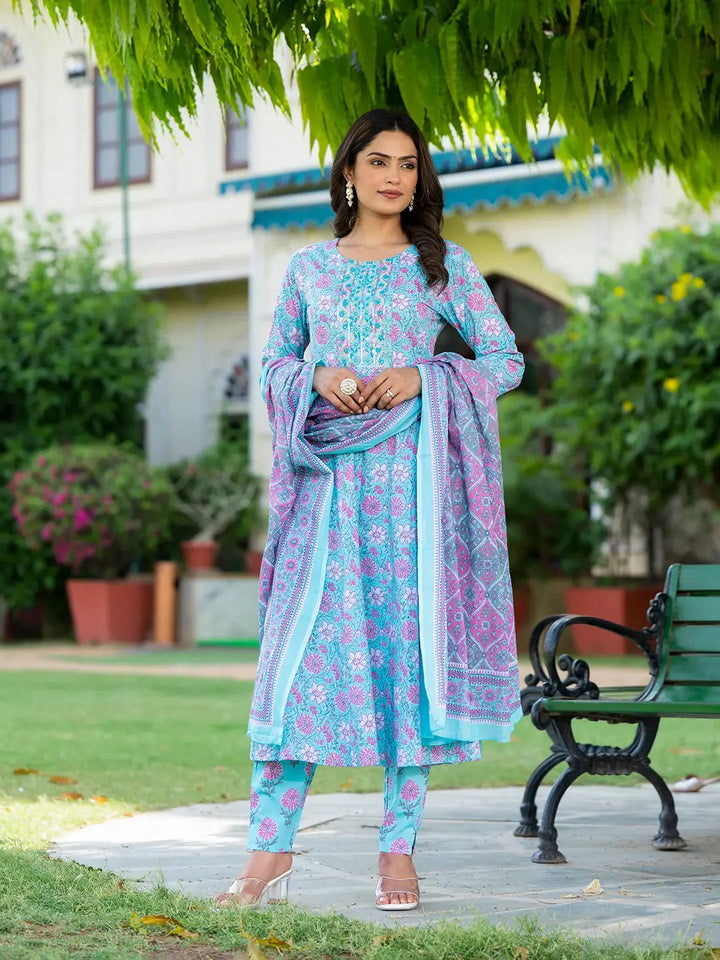 Blue-Cotton-Floral-Print-Anarkali-Set