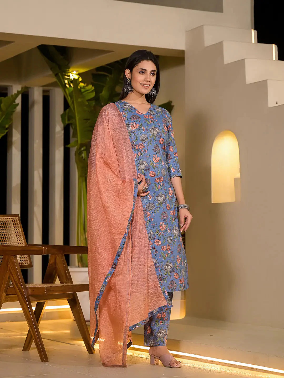 Blue-Cotton-Floral-Print-Straight-Style-3-Piece-Kurta-Set