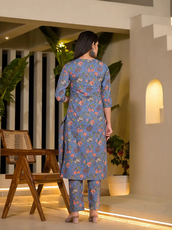 Blue-Cotton-Floral-Print-Straight-Style-3-Piece-Kurta-Set