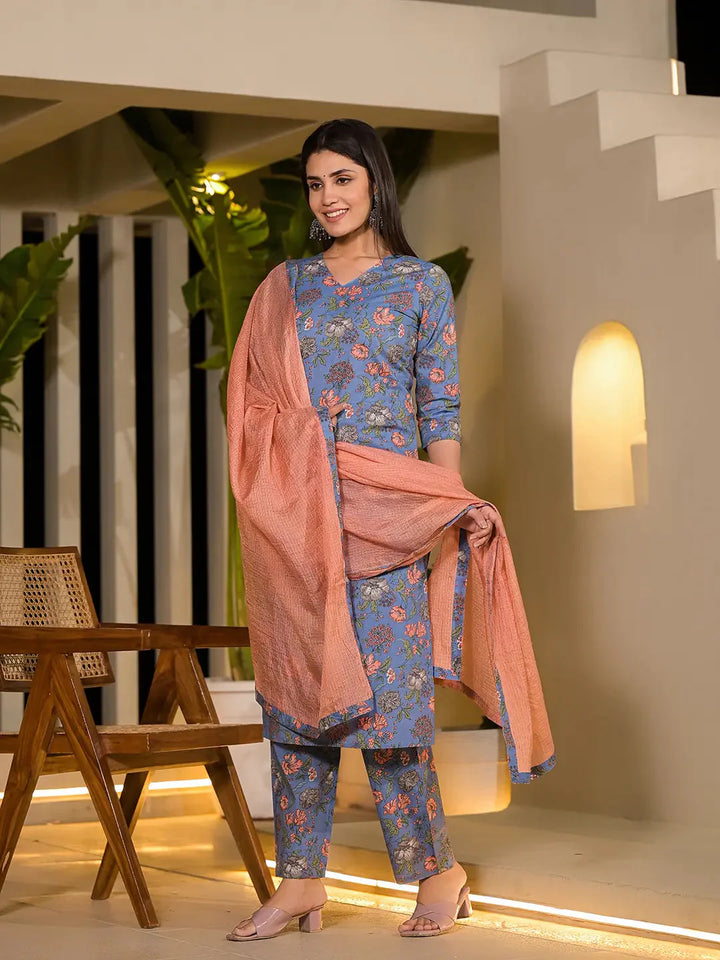 Blue-Cotton-Floral-Print-Straight-Style-3-Piece-Kurta-Set