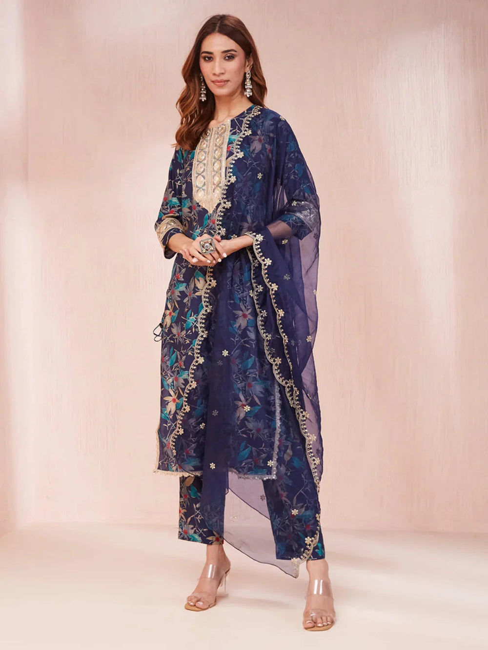 Blue-Silk-Blend-Floral-Print-Sequins-Work-3-Piece-Kurta-Set