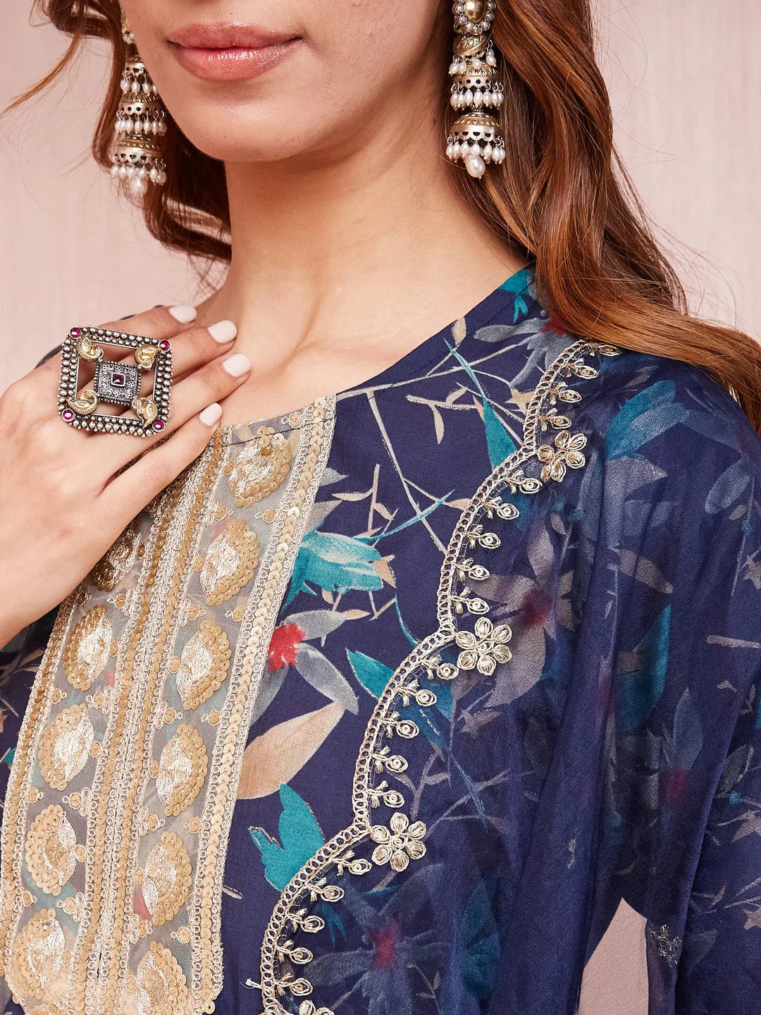 Blue-Silk-Blend-Floral-Print-Sequins-Work-3-Piece-Kurta-Set